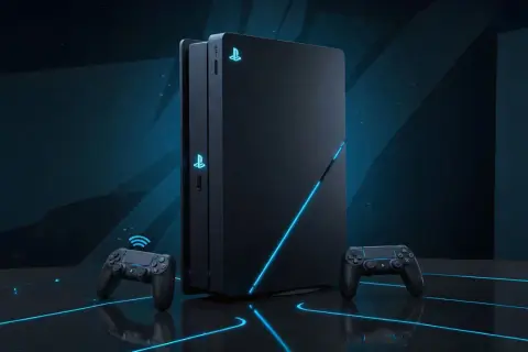 Czarna konsola PlayStation z niebieskimi akcentami i dwoma kontrolerami na ciemnym tle.