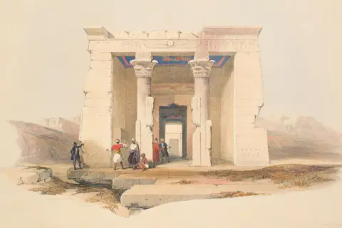 A watercolor painting depicts the ancient Temple of Dendur, with figures in traditional attire gathered near its entrance.