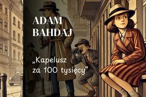 Ilustracja z książki "Kapelusz za 100 tysięcy" Adama Bahdaja: dzieci obserwują ulicę.