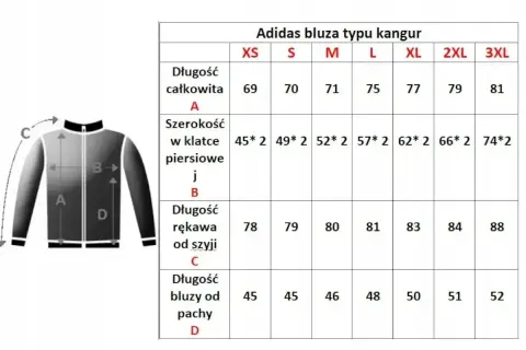 Tabela rozmiarów bluzy Adidas. Jaki rozmiar jest większy L czy M? L jest większy od M, ma 75 cm długości całkowitej i 57 cm szerokości w klatce.