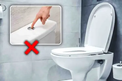 Un dito preme il pulsante di scarico di un water, ma una grande X rossa indica che questo bagno è senza scarico.