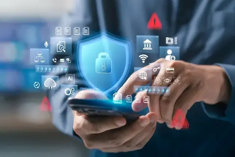 Dłonie trzymające smartfon, na którym wyświetla się tarcza z kłódką, symbole bezpieczeństwa i ostrzeżenia. Potwierdzenie autoryzacji.