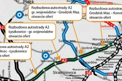 Aktualności dzisiaj: Rozbudowa autostrady A2 Łyszkowice - gr. województw, otwarcie ofert. Mapa pokazuje postęp prac.