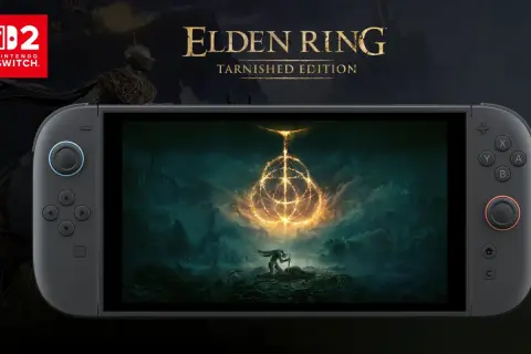 Nintendo Switch z Elden Ring: Tarnished Edition. Bohater klęczy przed Wielkim Pierścieniem w mrocznym świecie.