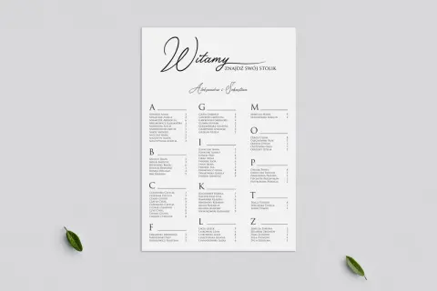 Lista gości wesela z podziałem na stoliki. Znajdź swoje miejsce przy stoliku A, B, C, F, G, I, K, L, M, O, P, T lub Z.
