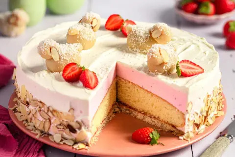 Leckere Ostertorte mit Marzipanschäfchen, Erdbeeren und Mandelsplittern. Ein tolles Ostertorte Rezept für das Fest.