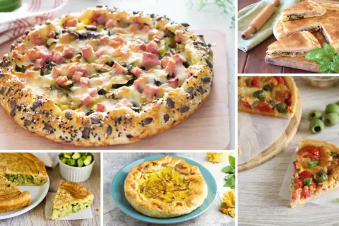 Varie torte salate: una con prosciutto e zucchine, una chiusa, una con pomodorini e olive, una con zucchine e una con fiori di zucca.
