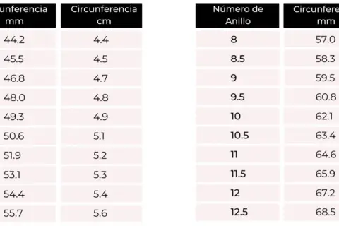 Tabla de tallas de anillos: talla 6 tiene una circunferencia de 51.9 mm o 5.2 cm.