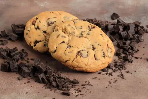Due golosi crumble cookies con gocce di cioccolato, circondati da pezzetti di cioccolato fondente. La ricetta perfetta per un momento di dolcezza.