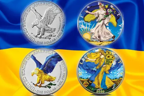 Monety z USA: orzeł i postacie kobiece na tle flagi Ukrainy. Jaka jest waluta w USA? Dolar amerykański.