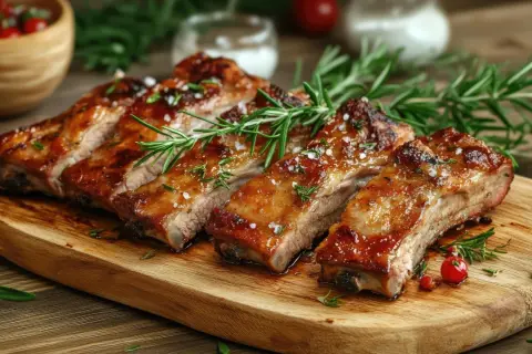 Costillas de cerdo al horno, jugosas y doradas, servidas en tabla de madera con romero y sal gruesa.