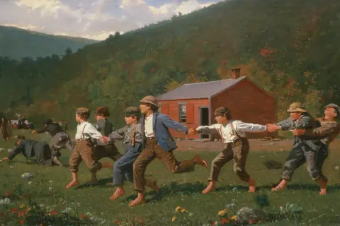 Boys playing "Snap the Whip" in a field in front of a red schoolhouse, with rolling hills in the background.