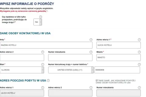 Formularz podróżny z polami do wpisania danych kontaktowych w USA, w tym adres, stan (Illinois) i numer telefonu. Wiza esta.
