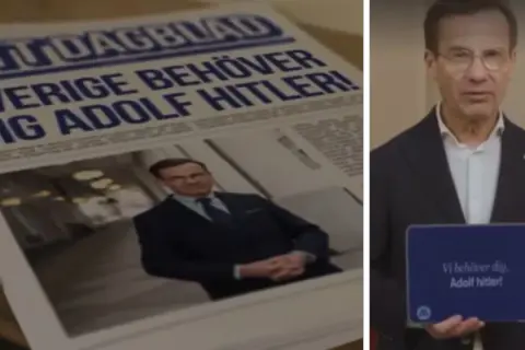 En tidning med rubriken "Sverige behöver dig Adolf Hitler!" och en man som håller en surfplatta med samma text. Frågan om hade Hitler barn är irrelevant för bilden.