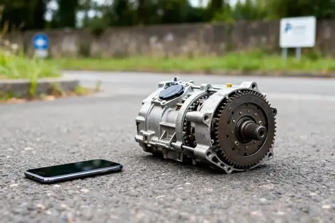 Une boite CVT métallique repose sur l'asphalte à côté d'un smartphone.