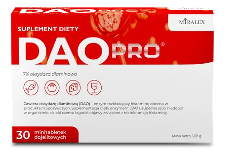 Opakowanie suplementu diety DAO PRO z enzymem DAO, który pomaga rozkładać histaminę. 30 minitabletek.