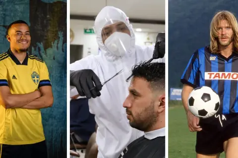 Snygga fotbollsspelare: en i svensk landslagströja, en som klipps i skyddsutrustning, och en med långt hår som håller en fotboll.