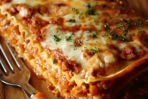 Ein Stück **Lasagne einfach** mit geschmolzenem Käse und Hackfleischsauce, garniert mit Petersilie. Daneben eine Gabel.