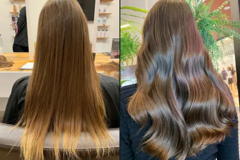 Vorher-Nachher-Vergleich: Langes Haar mit Balayage in Dunkelblond, das nun glänzend und wellig fällt.