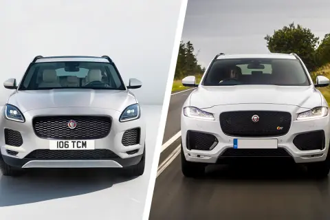 Dwa białe Jaguar SUV-y: jeden statycznie na białym tle, drugi w ruchu na drodze.
