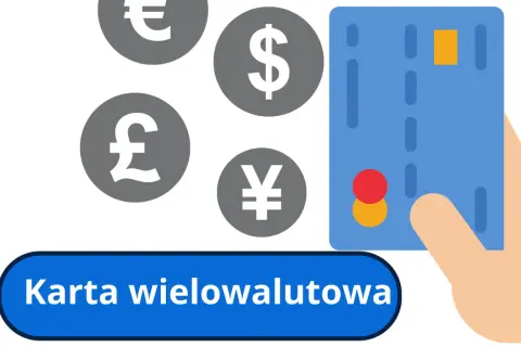 Dłoń trzyma kartę wielowalutową Santander. W tle symbole euro, dolara, funta i jena.
