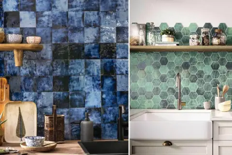 Carrelage zellige bleu profond et hexagones verts pour une cuisine ou une salle de bain.