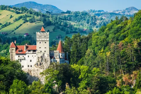Zamek Bran w Rumunii na tle zielonych wzgórz i lasów.
