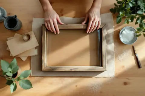 Mains tenant un cadre en bois de palette, prêt à fabriquer un nouveau souvenir.