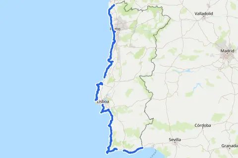 Ruta EuroVelo 1 recorre la costa atlántica de Portugal, pasando por Vigo, Oporto y Lisboa, hasta el sur.