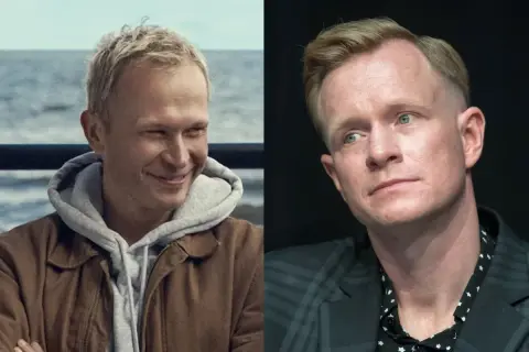 Dwie twarze aktora z filmu "Johnny". Po lewej w brązowej kurtce, po prawej w garniturze.