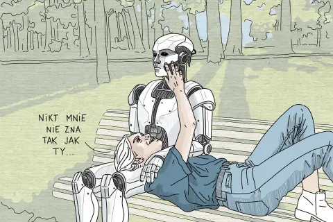 Dziewczyna leży na robocie, który siedzi na ławce w parku. Robot czule dotyka jej policzka. "Nikt mnie nie zna tak jak ty..." - mówi dziewczyna. To idealne czułe wierszyki dla niego.