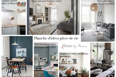 Ambiance chaleureuse avec un tapis **frake bois** au salon, une cuisine épurée, et une salle à manger bleue.