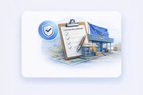 Dokument "Custom Declaration" na tle budynku celnego z flagą UE. Odprawa fiskalna przebiega sprawnie.