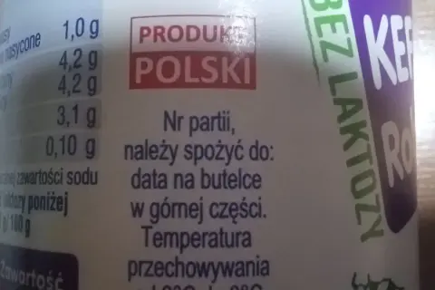 Produkt polski. Nr partii, należy spożyć do: data na butelce w górnej części. Bez laktozy.