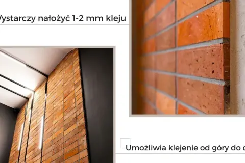 Cegła na ścianie, jak ciąć cegłę na płytki. Wystarczy nałożyć 1-2 mm kleju, umożliwia klejenie od góry do dołu.