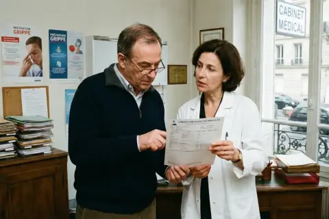 Un médecin examine avec un patient un rapport d'analyse médicale, discutant des résultats, peut-être liés à l'acide urique.