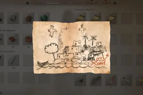 Mapa skarbów z Assassin's Creed Mirage. Dziecięcy rysunek przedstawia miasto, ptaki i tajemnicze symbole, wskazując drogę do ukrytych zagadek.