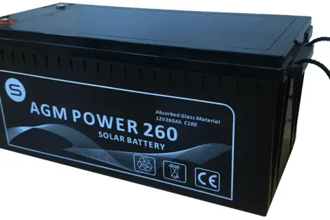 Batería AGM Power 260, 12V 260Ah C100, ideal para energía solar. Es una batería de gel, con asas para fácil transporte.