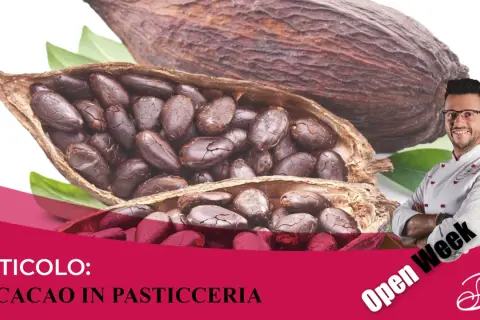 Cacao in pasticceria: chicchi scuri e profumati, pronti per creare dolci con cacao zuccherato. Un pasticcere sorride.