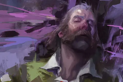 Portret mężczyzny z wąsami, w stylu Disco Elysium 2, otoczony fioletowymi, abstrakcyjnymi pociągnięciami pędzla.