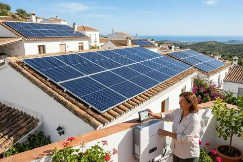 Mujer sonríe mientras revisa datos en tablet junto a inversor, con tejados llenos de paneles solares. ¡Un paso más para legalizar instalación fotovoltaica!