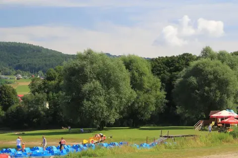 Słoneczna plaża w Czernichowie z rzędem niebieskich rowerków wodnych, zielonym trawnikiem i lasem w tle.