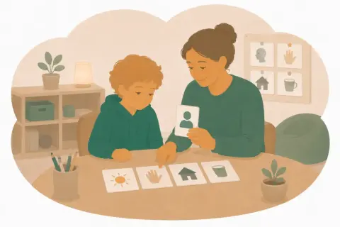 Kvinna och barn övar med bildkort, en metod som kan stödja barn med autism och adhd.
