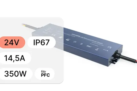 Zasilacz LED 24V 350W, IP67, 14,5A. Filtr PFC zapobiega przekroczeniu mocy umownej.