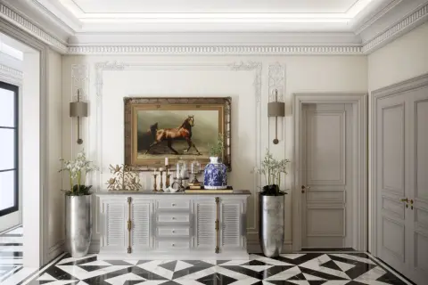Eleganckie art deco wnętrza z obrazem galopującego konia, symetrycznymi wazonami i geometryczną posadzką.