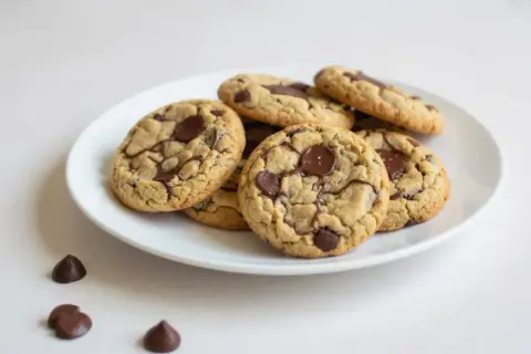 Assiette de délicieux cookies sans oeuf aux pépites de chocolat, parfaits pour un goûter gourmand.