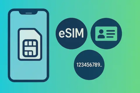 Ikona karty SIM w smartfonie, obok kółka z napisem eSIM i numerem 123456789. To wyjaśnia, iccid co to jest.