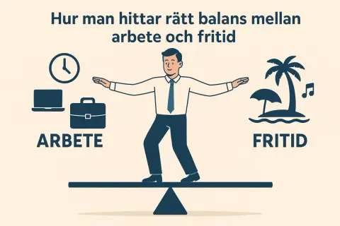 En man balanserar på en våg mellan arbete (klocka, laptop, portfölj) och fritid (strand, paraply, musik). Bilden illustrerar hur man hittar rätt balans mellan arbete och fritid, och vad som ingår i begreppet arbetsbelastning.