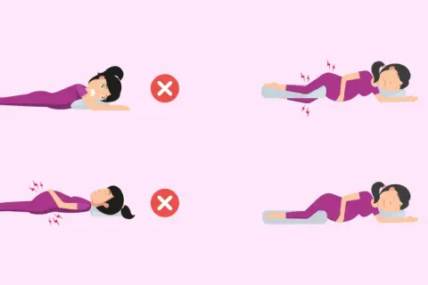 Posiciones correctas e incorrectas para dormir durante el embarazo. Evita presionar la vena cava durmiendo de lado con almohadas.