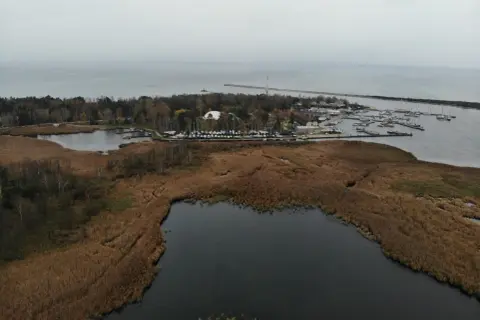 Widok na port jachtowy i jezioro otoczone trzcinami. W oddali widać morze i falochron. To malownicze **górki zachodnie**.
